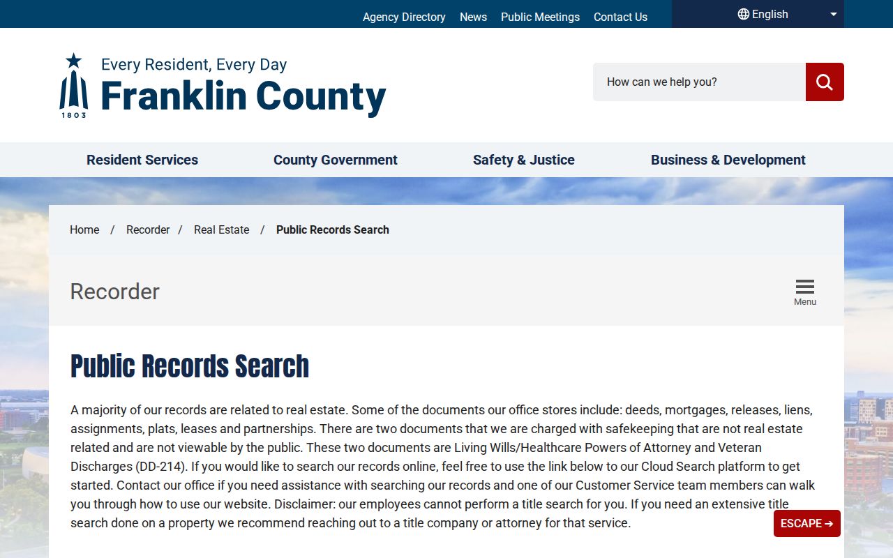 Madison Township residents directory Franklin County Recorder search gateway