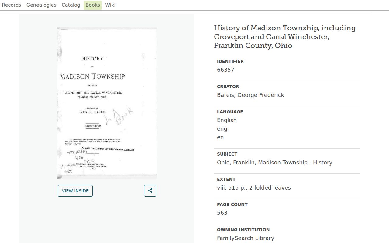 Madison Township previous residents local history book