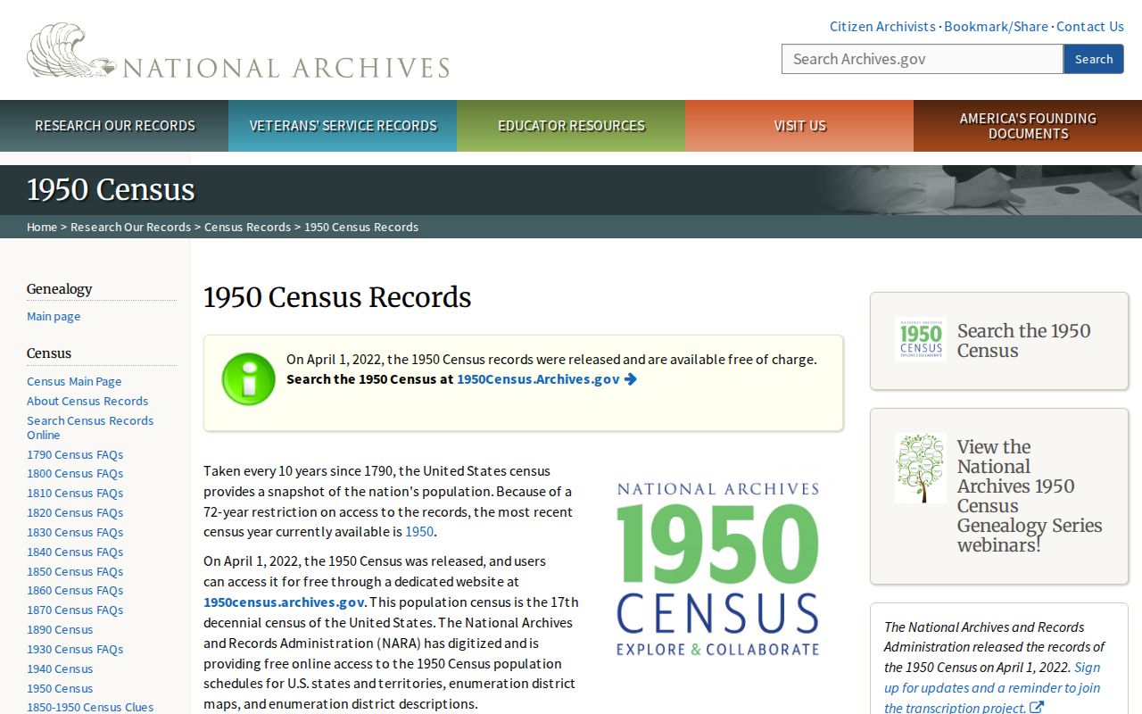 Madison Township previous residents National Archives 1950 Census resource