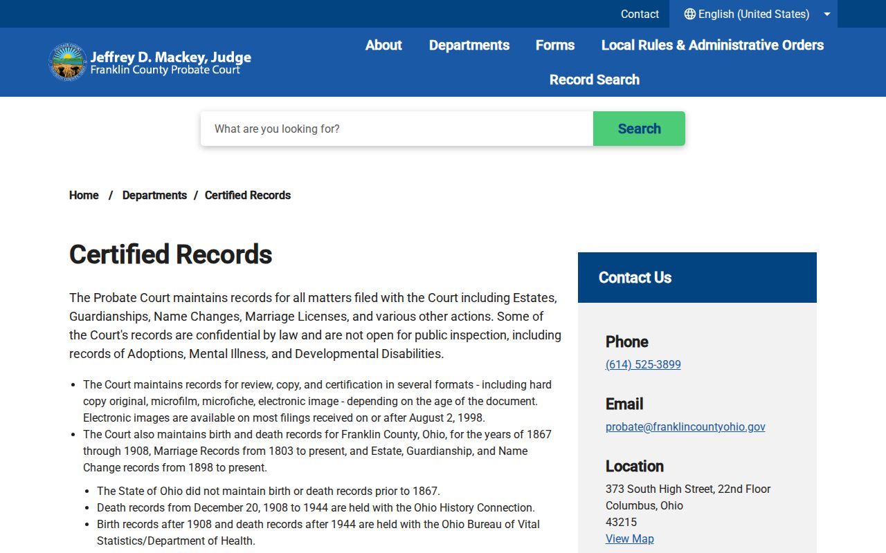 Madison Township resident lookup Probate certified records access